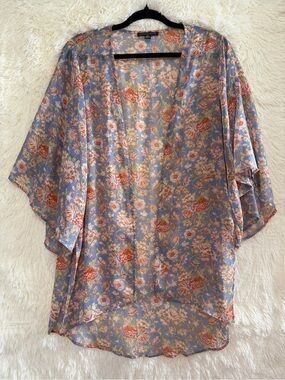 American Eagle Womens Boho Floral Kimono XS/S Blue Sheer Lightweight Cardigan
